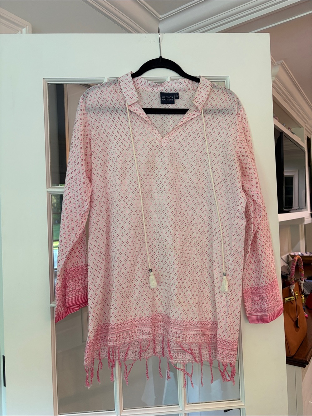 Madison Mathews Tunic - Pink Patterned Fringe V-Neck Top